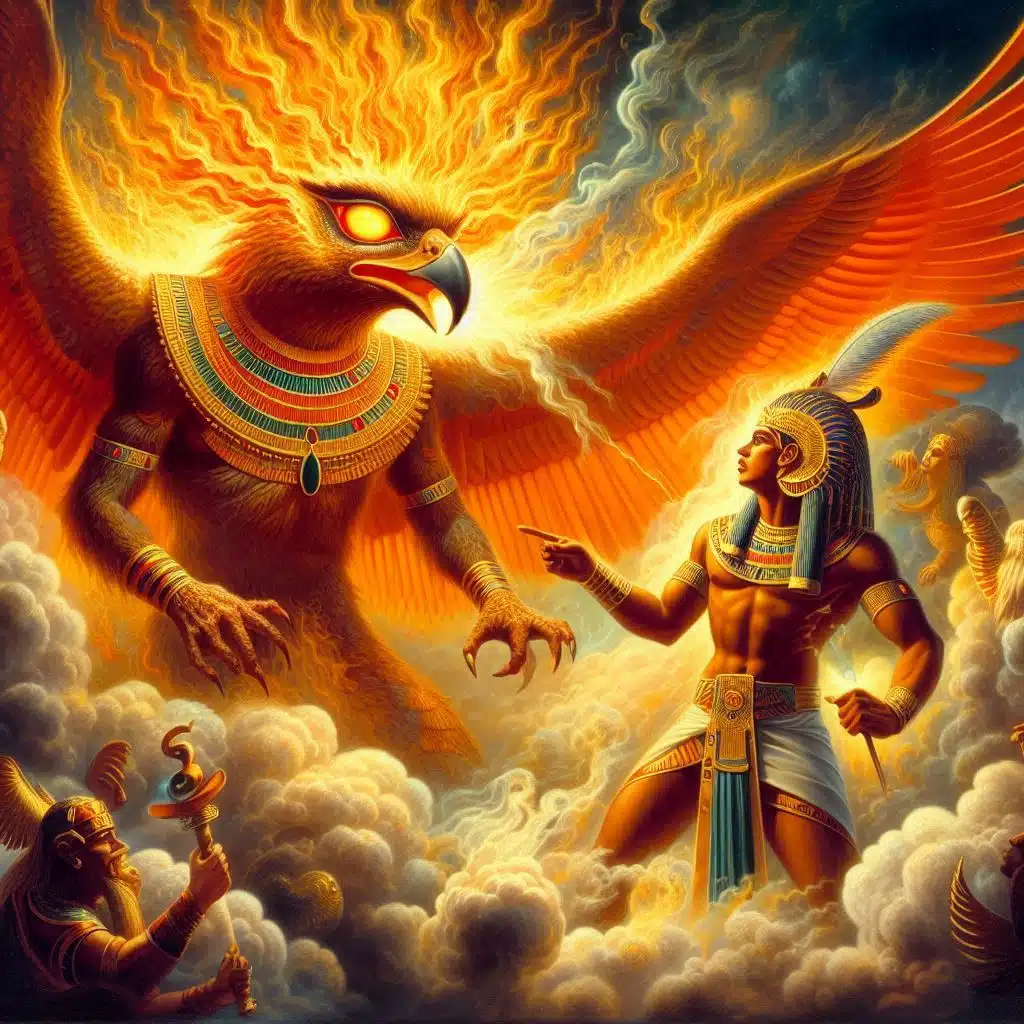 El mito de Ra y el nacimiento de los dioses:  El encuentro de Shu y Tefnut con el Ojo divino de Ra: Una imagen que muestra al dios Ra enviando su poderoso Ojo, representado como un halcón ardiente con ojos brillantes, en busca de sus hijos Shu y Tefnut, dioses del aire y la humedad. Shu aparece como una figura masculina con plumas, y Tefnut como una diosa femenina, ambos emergiendo entre nubes y vapor.