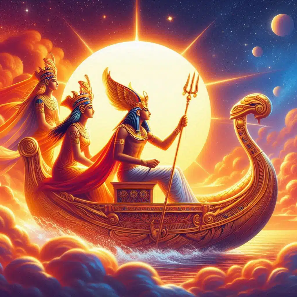 El mito de Ra y el nacimiento de los dioses: La barca solar de Ra cruzando el cielo al amanecer: Una ilustración vibrante donde Ra navega en su barca dorada a través del cielo al amanecer, con el sol brillando intensamente sobre él. A los lados, Nut, la diosa del cielo, arquea su cuerpo estrellado, y Geb, el dios de la tierra, se extiende bajo la barca, representando el ciclo eterno del día y la noche.