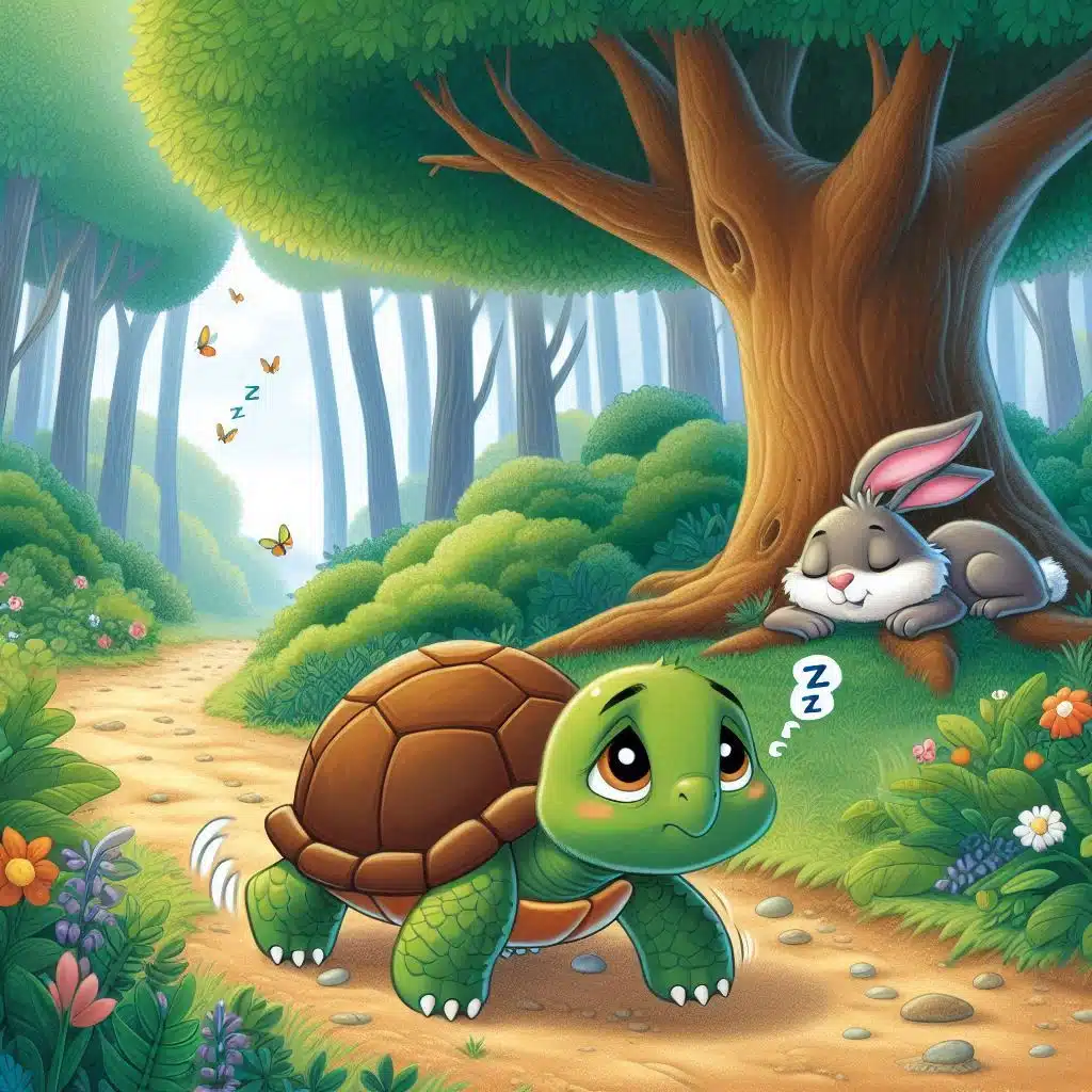 Fábula de la liebre y la tortuga: un cuento sobre el esfuerzo y la perseverancia. Ilustración para cuento infantil. Una tortuga camina lentamente por un sendero de tierra, con una expresión de esfuerzo y concentración. En el fondo, bajo un árbol grande con sombra, se ve a la liebre dormida profundamente, con zzz sobre su cabeza. El bosque está iluminado por la luz del día y hay flores, hojas y mariposas alrededor. Estilo dibujo animado, con colores suaves y detalles para captar la atención de los niños.