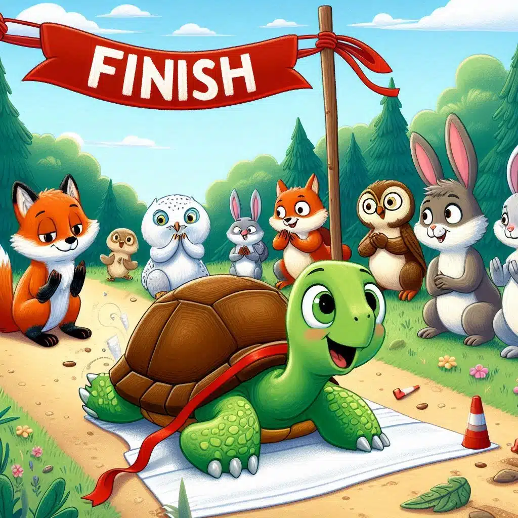 Fábula de la liebre y la tortuga: un cuento sobre el esfuerzo y la perseverancia. Escena final alegre en estilo infantil. La tortuga sonríe mientras cruza la línea de meta decorada con una cinta roja. A su alrededor, los animales del bosque (zorro, búho, ardilla, pájaros, etc.) la aplauden con entusiasmo. La liebre llega jadeando desde el fondo, con cara de sorpresa y arrepentimiento. Cielo despejado, ambiente festivo, estilo colorido tipo cuento ilustrado para niños.
