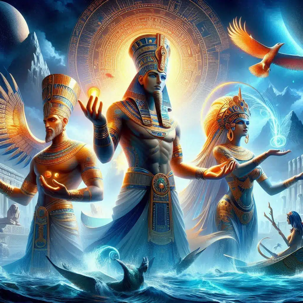 La creación del mundo por Atum: usó su aliento y su saliva para dar vida a sus primeros dos hijos: Shu, el dios del aire, y Tefnut, la diosa de la humedad y el agua.