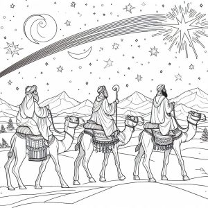 Imágenes y dibujos para pintar: Dibujos de navidad para colorear: Los tres reyes magos a camello siguiendo a la estrella polar para colorear 1