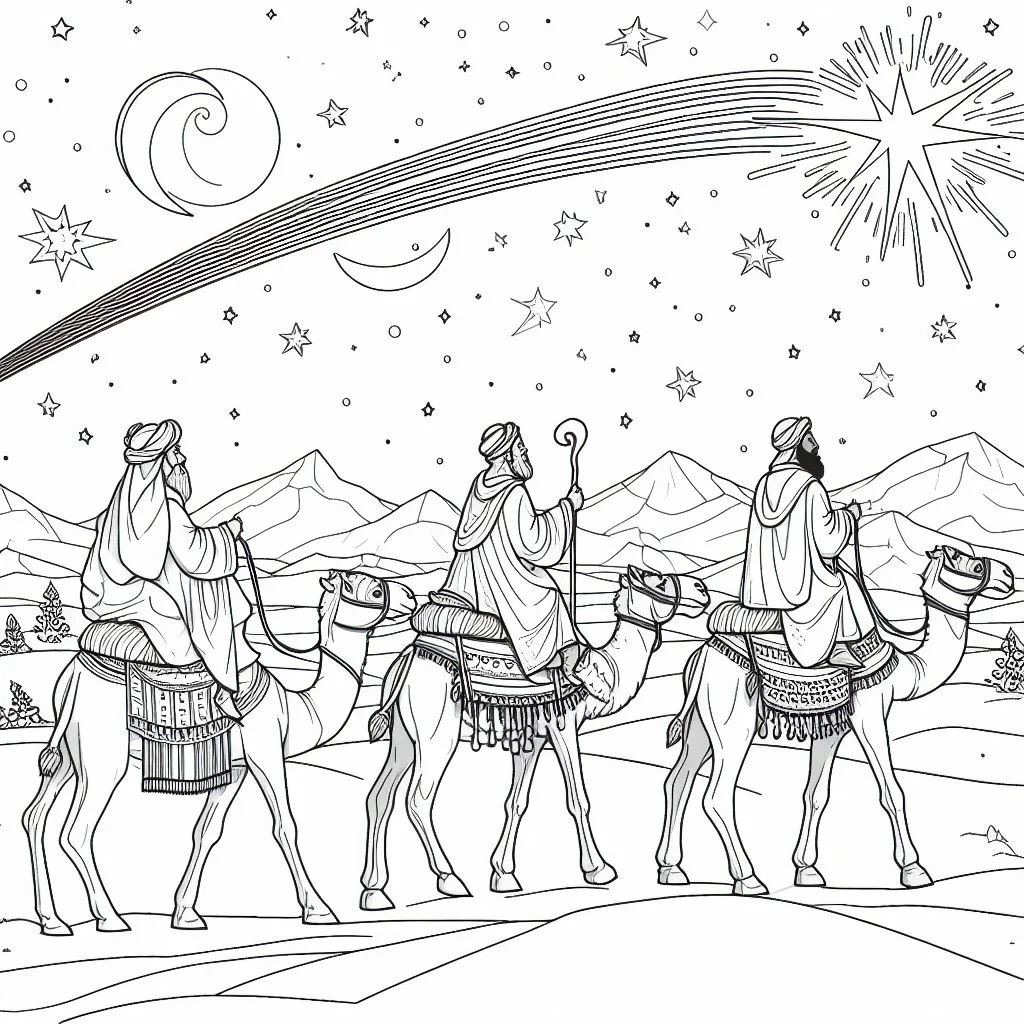 Dibujos de navidad para colorear: Los tres reyes magos a camello siguiendo a la estrella polar para colorear 1