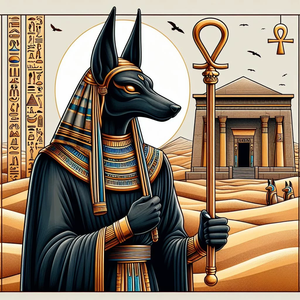 Las Aventuras y Desventuras de Bata: Anubis el dios de la muerte con un bastón
