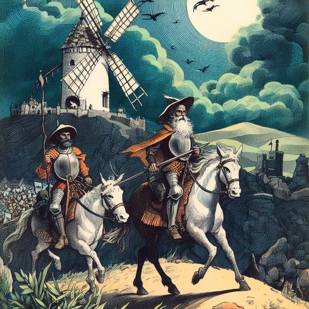 Adaptación de Don Quijote de la Mancha:
Don Quijote y Sancho Panza a caballo en la noche y La aventura de los yangüeses