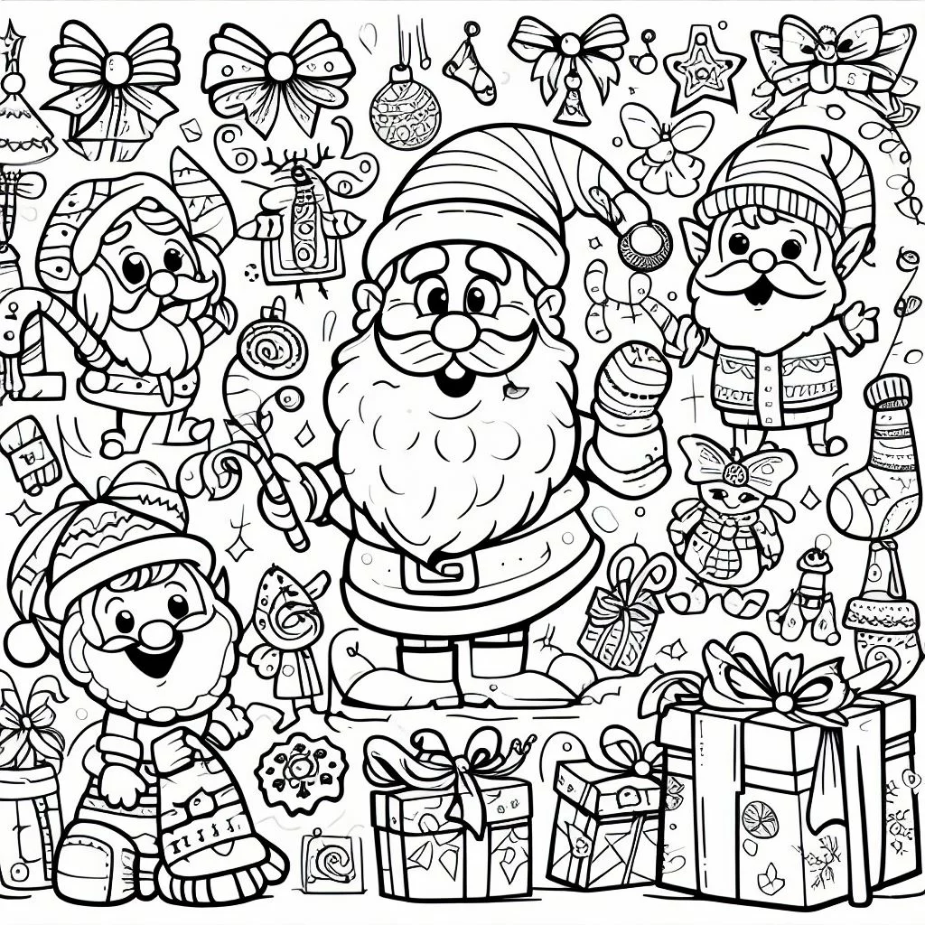 Dibujos de Navidad para colorear: Papá Noel con los elfos 4