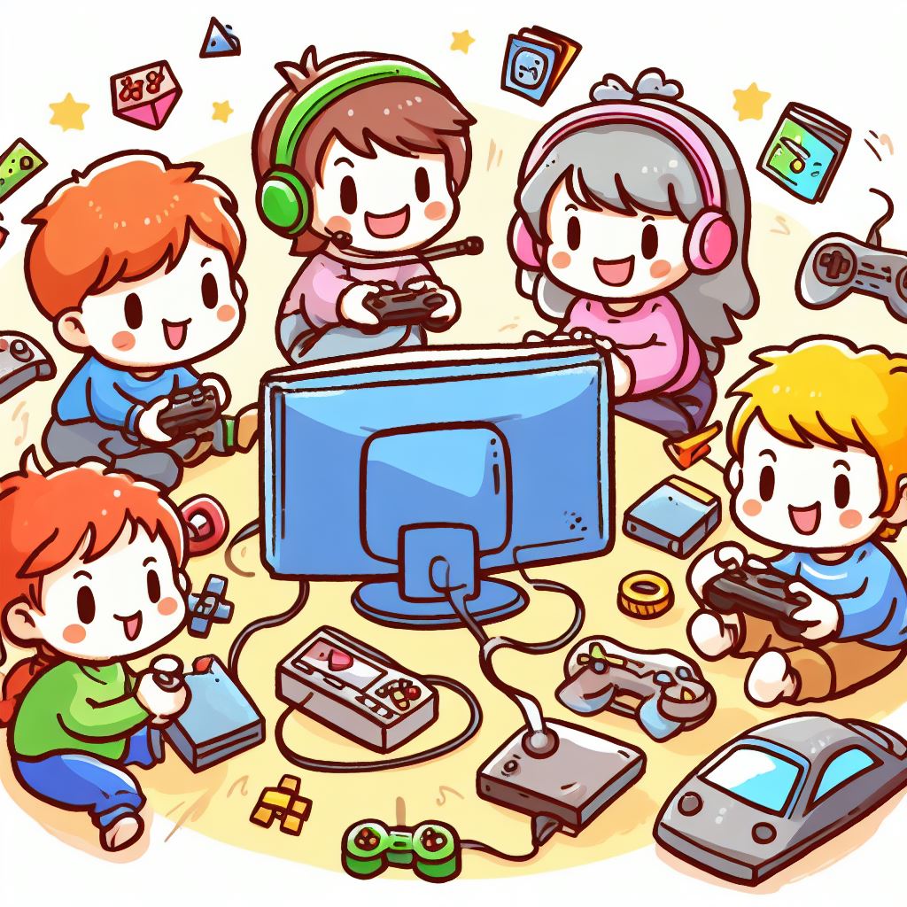 Juegos para niños: Niños jugando a juegos digitales de ordenador y consola