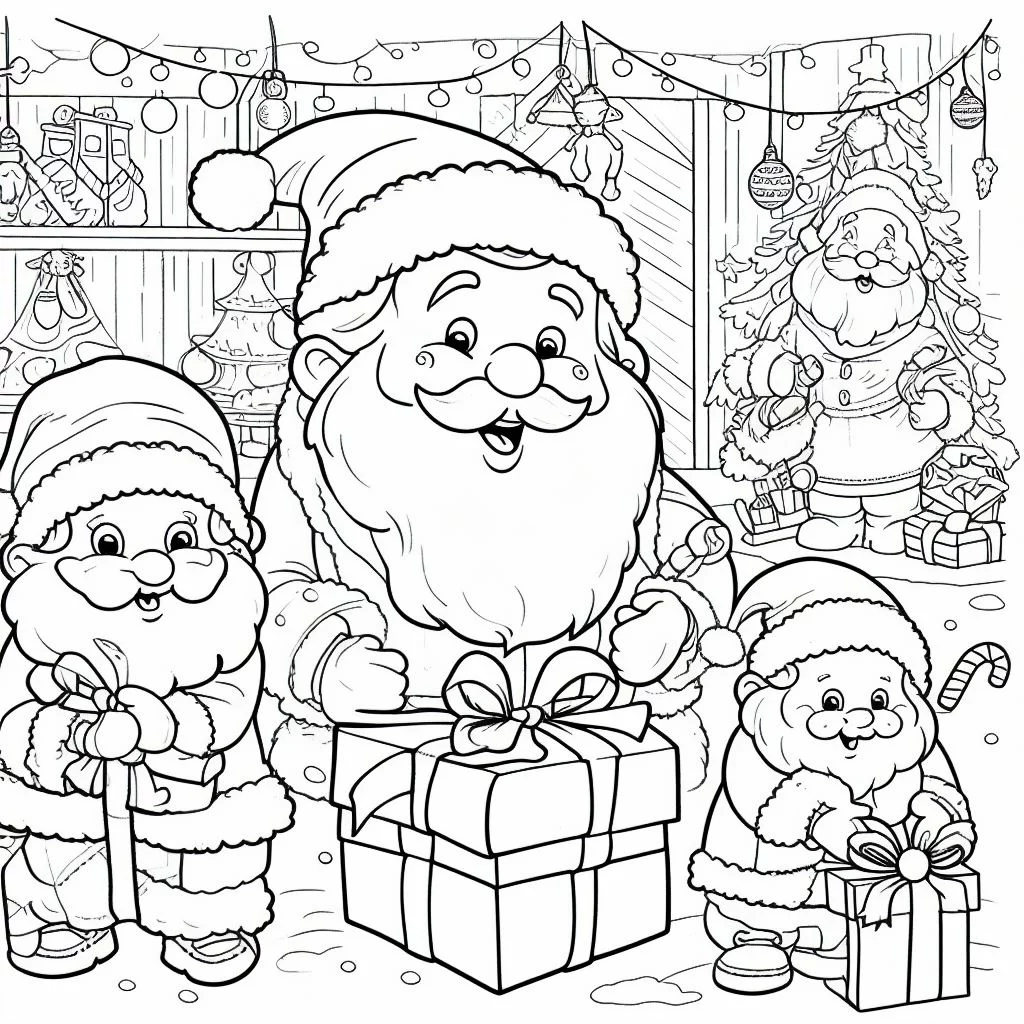 Dibujos de Navidad para colorear: Papá Noel con los elfos 1