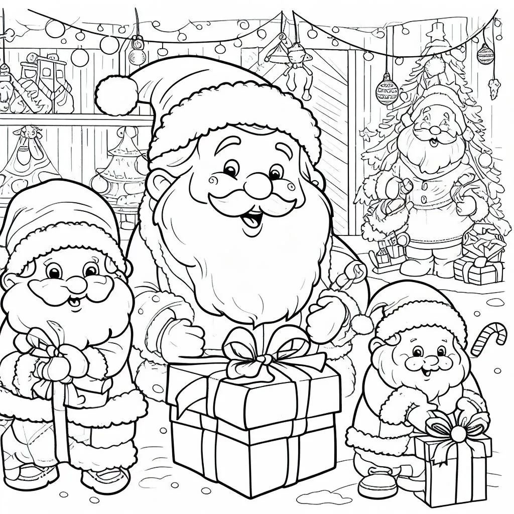 Dibujos de Navidad para colorear: Papá Noel con los elfos 1