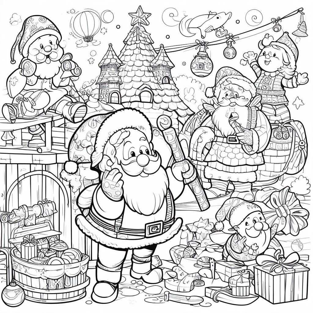 Dibujos de Navidad para colorear: Papá Noel con los elfos 3