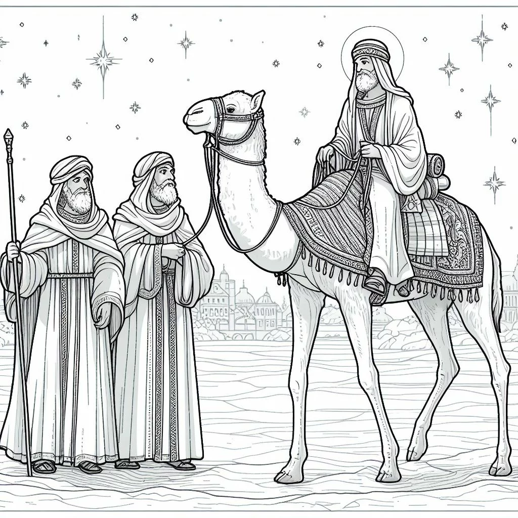 Dibujos de navidad para colorear: Los tres reyes magos a camello desde oriente para colorear 2