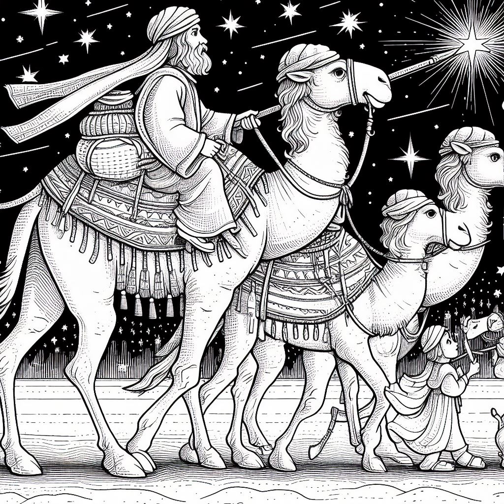Dibujos de navidad para colorear: Los tres reyes magos a camello siguiendo a la estrella polar para colorear 3