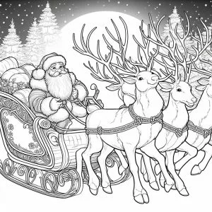 Dibujos de Navidad para Colorear: Papá Noel en trineo con sus renos