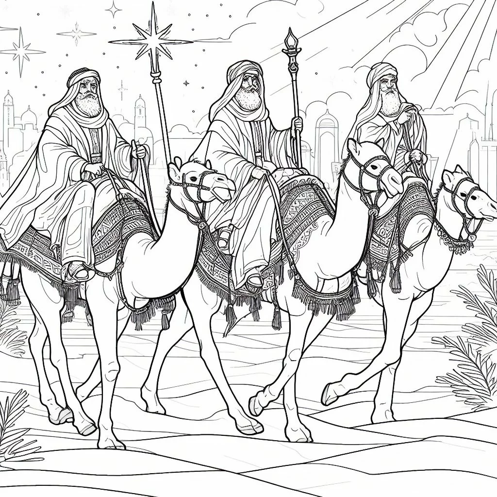 Dibujos de navidad para colorear: Los tres reyes magos a camello desde oriente para colorear 3