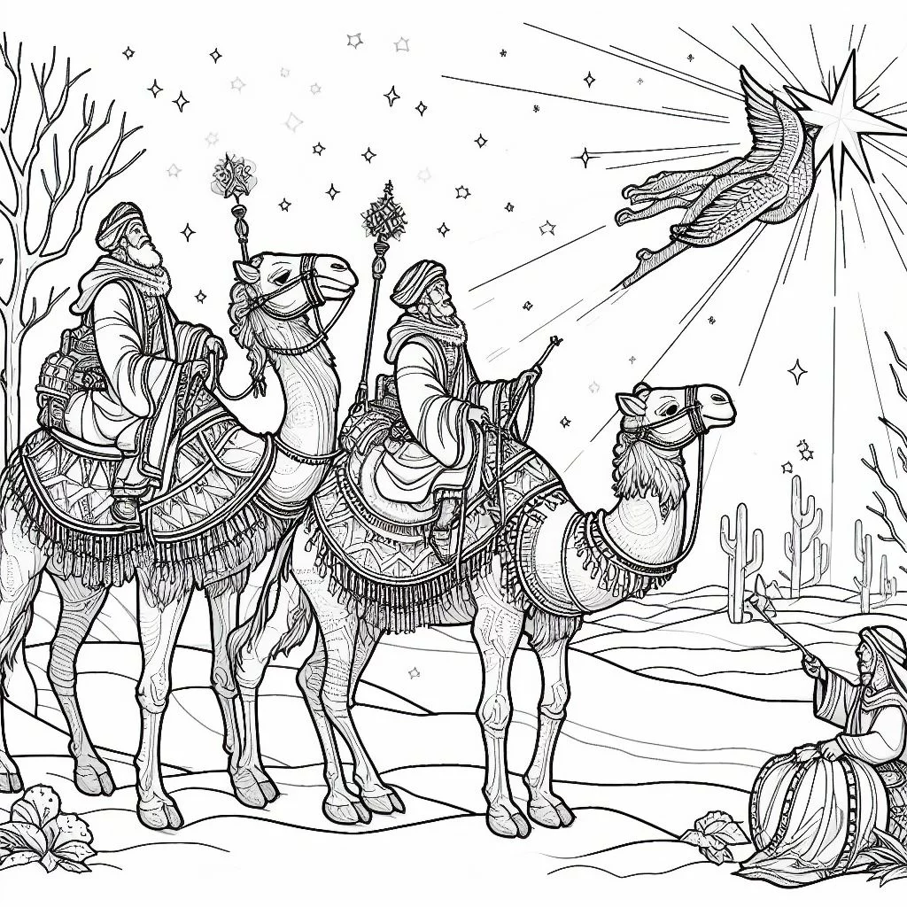 Dibujos de navidad para colorear: Los tres reyes magos a camello siguiendo a la estrella polar para colorear 2
