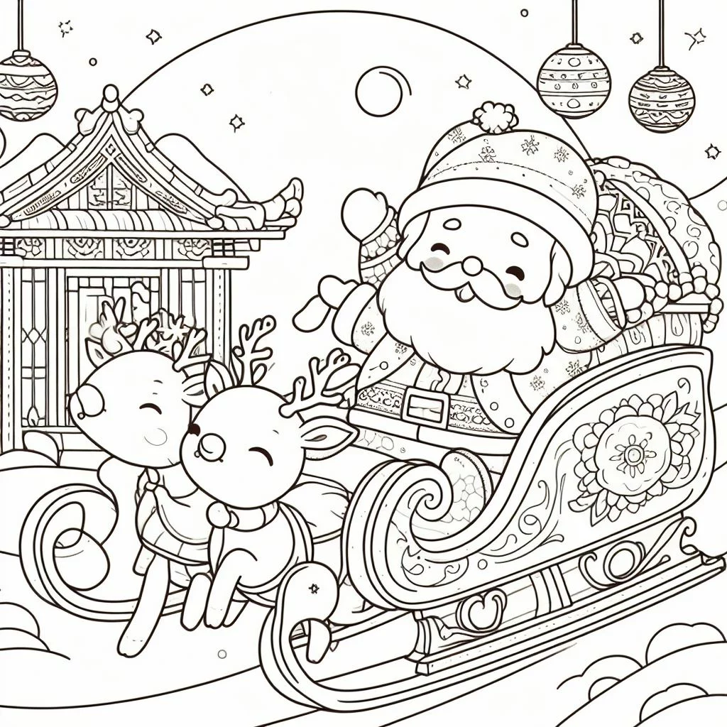 Dibujos de Navidad para Colorear: Papá Noel en trineo con sus renos 8