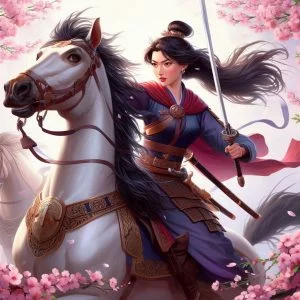 Cuento de Mulán. Mulán montando a caballo Khan con espada