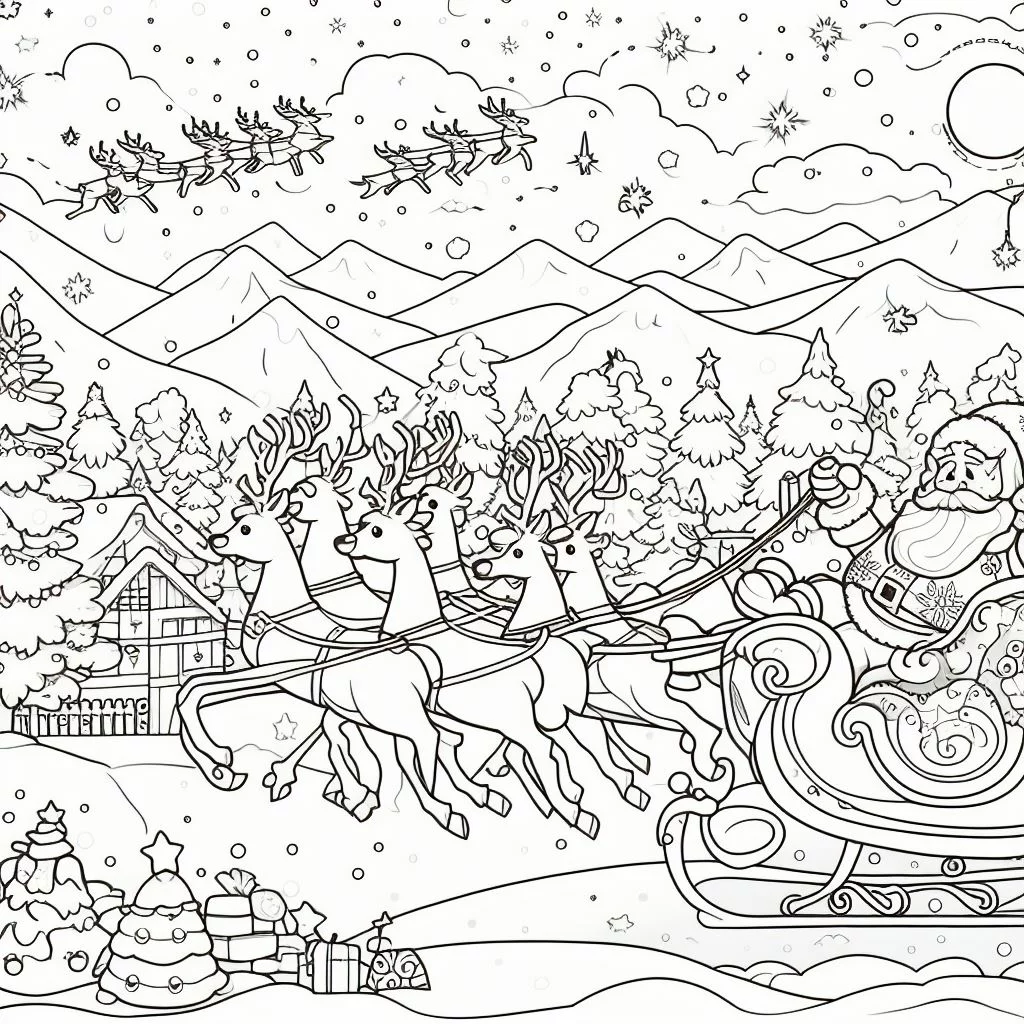 Dibujos de Navidad para Colorear: Papá Noel en trineo con sus renos 6