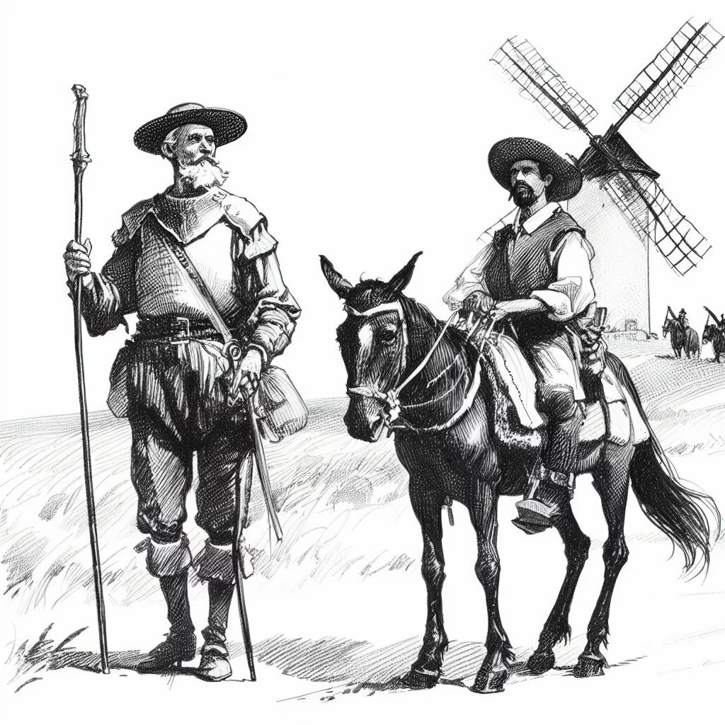 Adaptación de Don Quijote de la Mancha: Don Quijote y Sancho Panza a caballo con molino de viento atrás