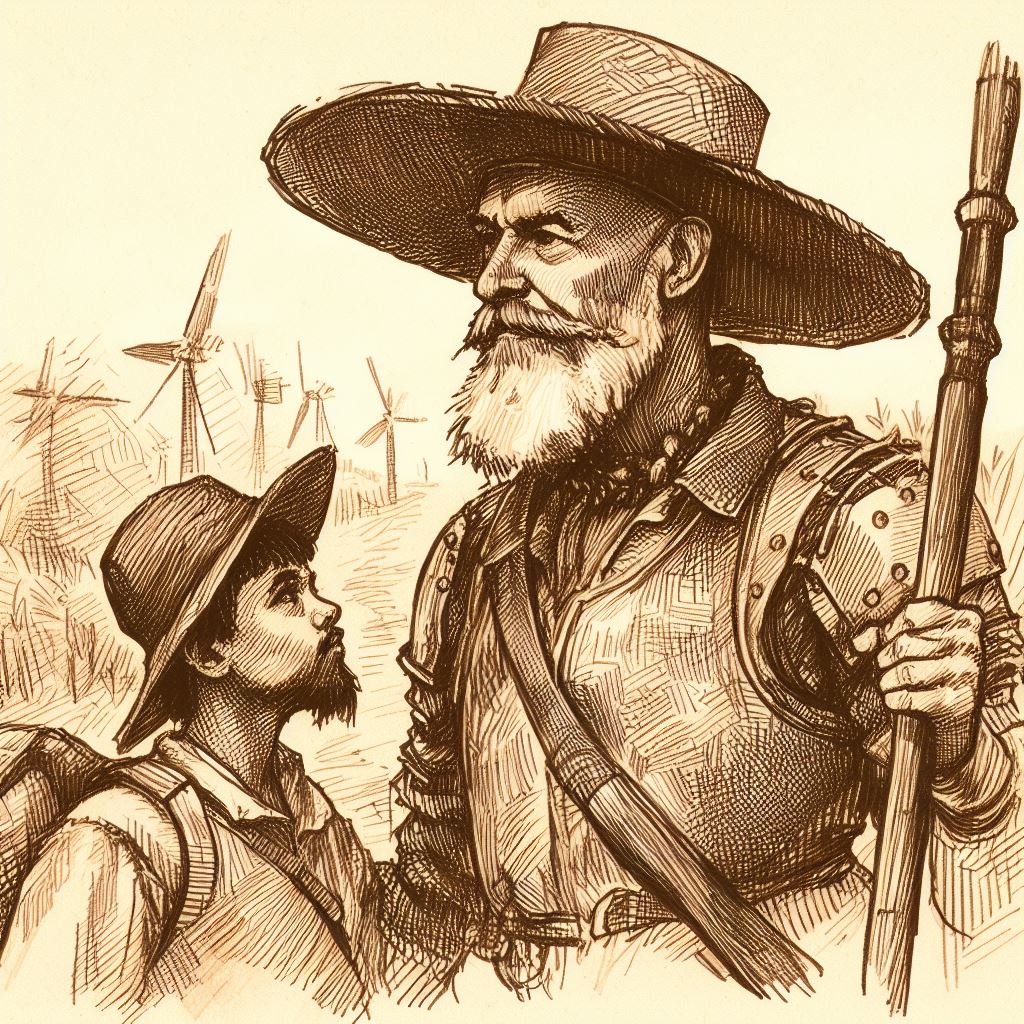 Adaptación de Don Quijote de la Mancha: portada del resumen con Don Quijote y Sancho panza