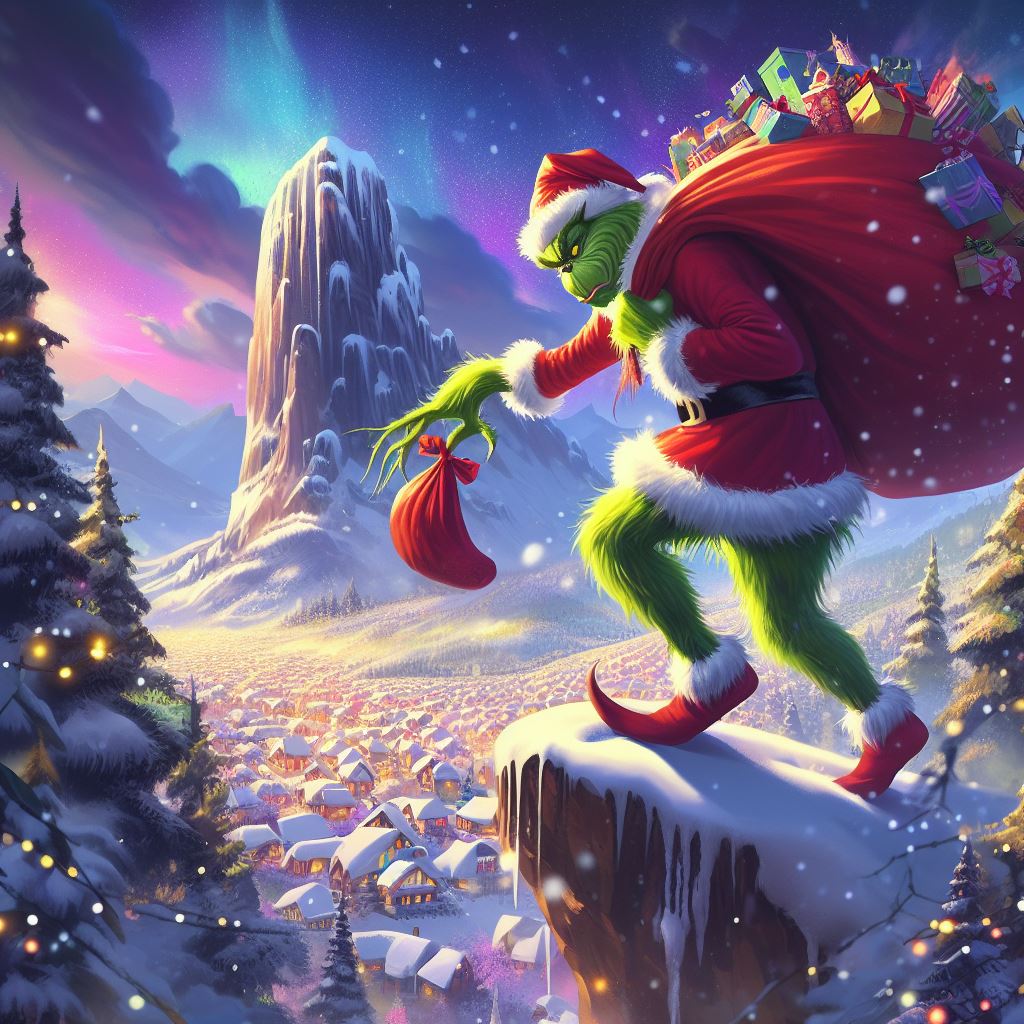 Cuento de navidad El Grinch: El Grinch tirando los regalos por el monte Crumpit
