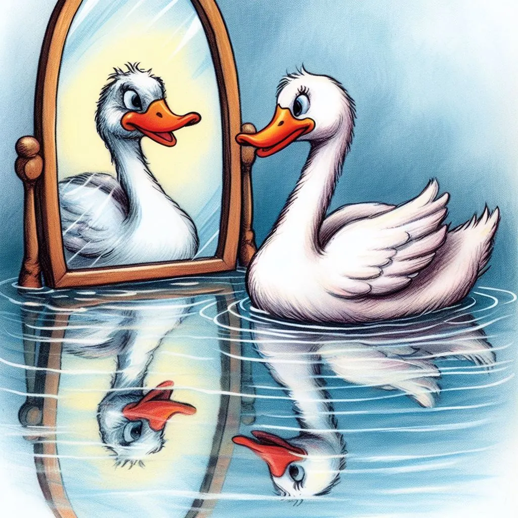 Cuento corto El Patito Feo: Al mirarse reflejado en el agua, el patito feo se dio cuenta de algo increíble: ¡él también era un cisne!