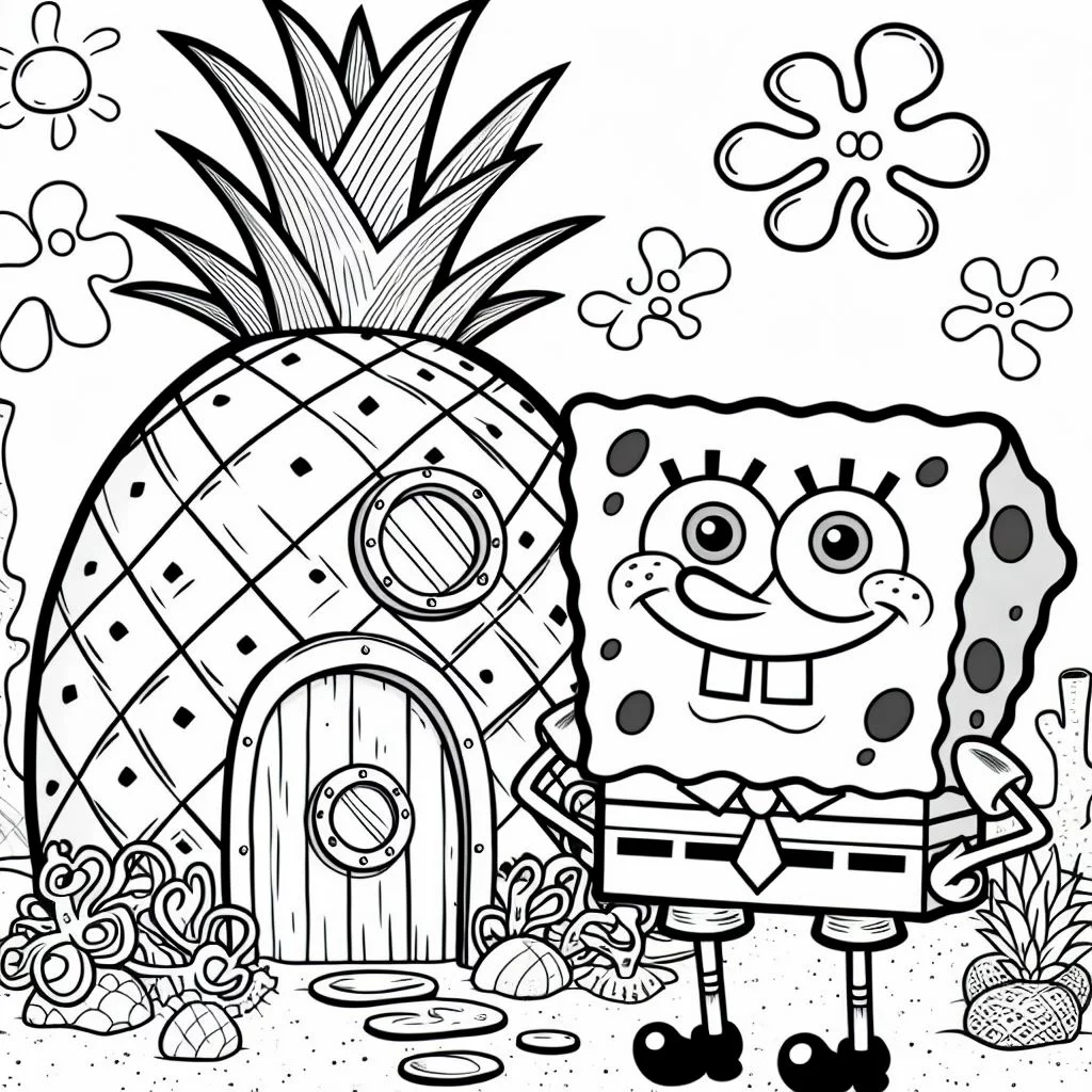 Dibujo de Bob Esponja y su casa Piña para Colorear 2