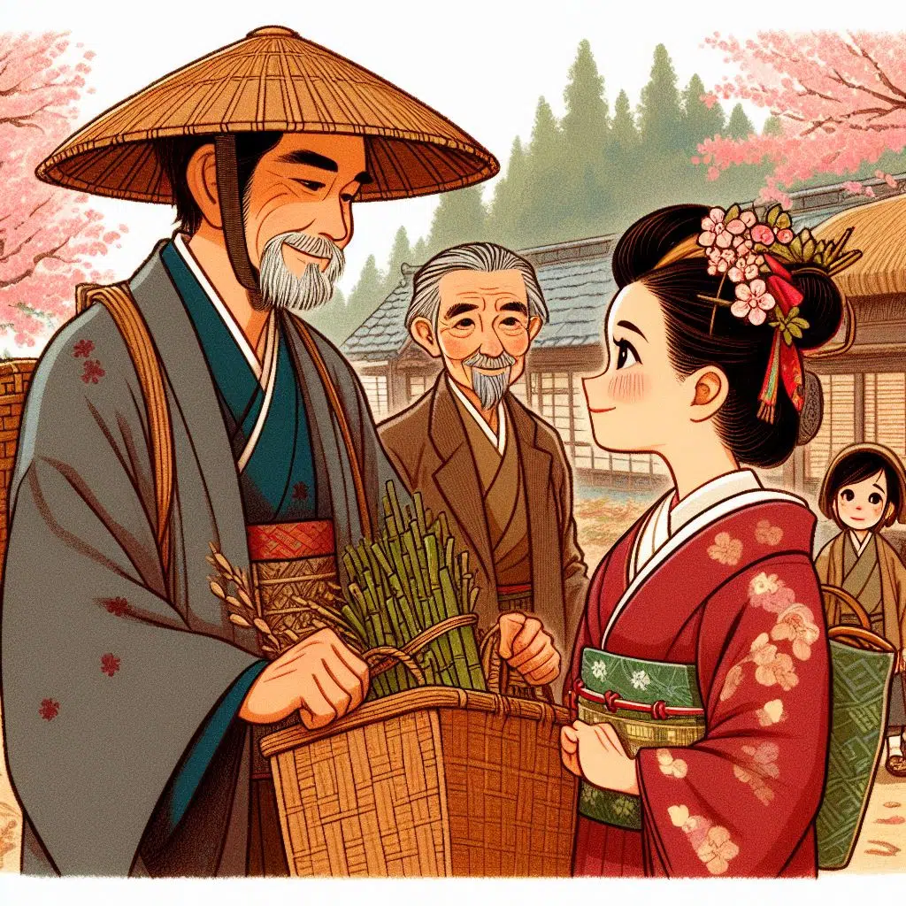 Cuento Mitológico Japonés El Corte del Bambú: El día de su partida, Takeshi, Emiko y todos los que la amaban se reunieron en un emotivo adiós