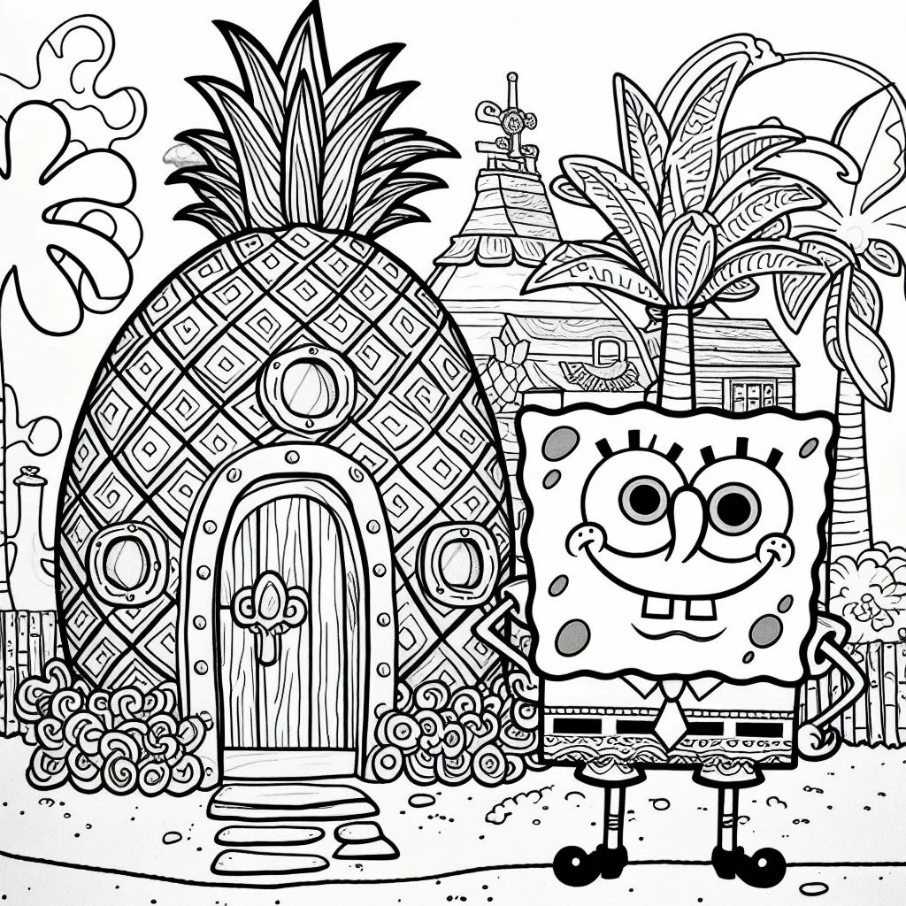 Dibujo de Bob Esponja y su casa Piña para Colorear 1