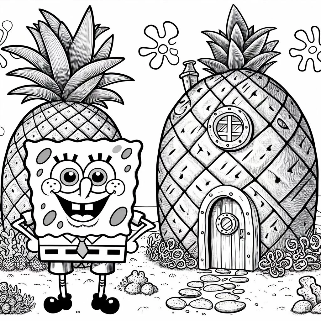 Dibujo de Bob Esponja y su casa Piña para Colorear 4