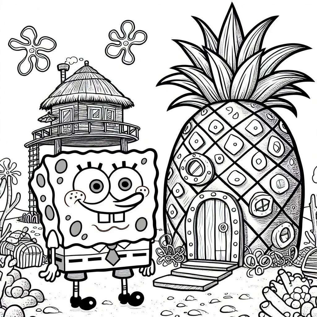 Dibujo de Bob Esponja y su casa Piña para Colorear 3