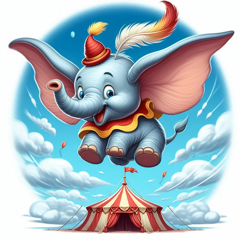 Cuento para niños Dumbo Pero en su caída, sus orejas se desplegaron como alas y, para sorpresa de todos, ¡Dumbo comenzó a volar!
