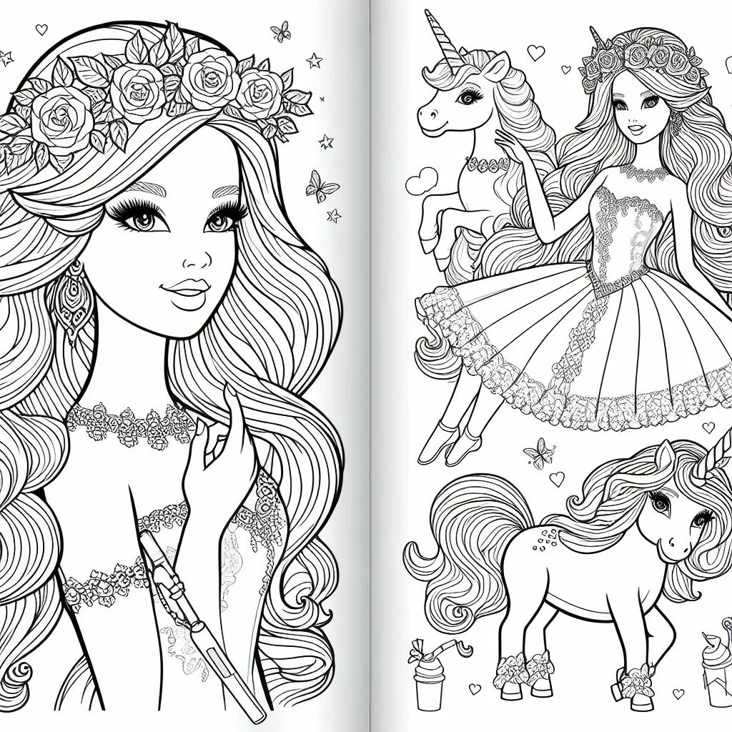 Dibujos de Barbie con su Unicornio para colorear