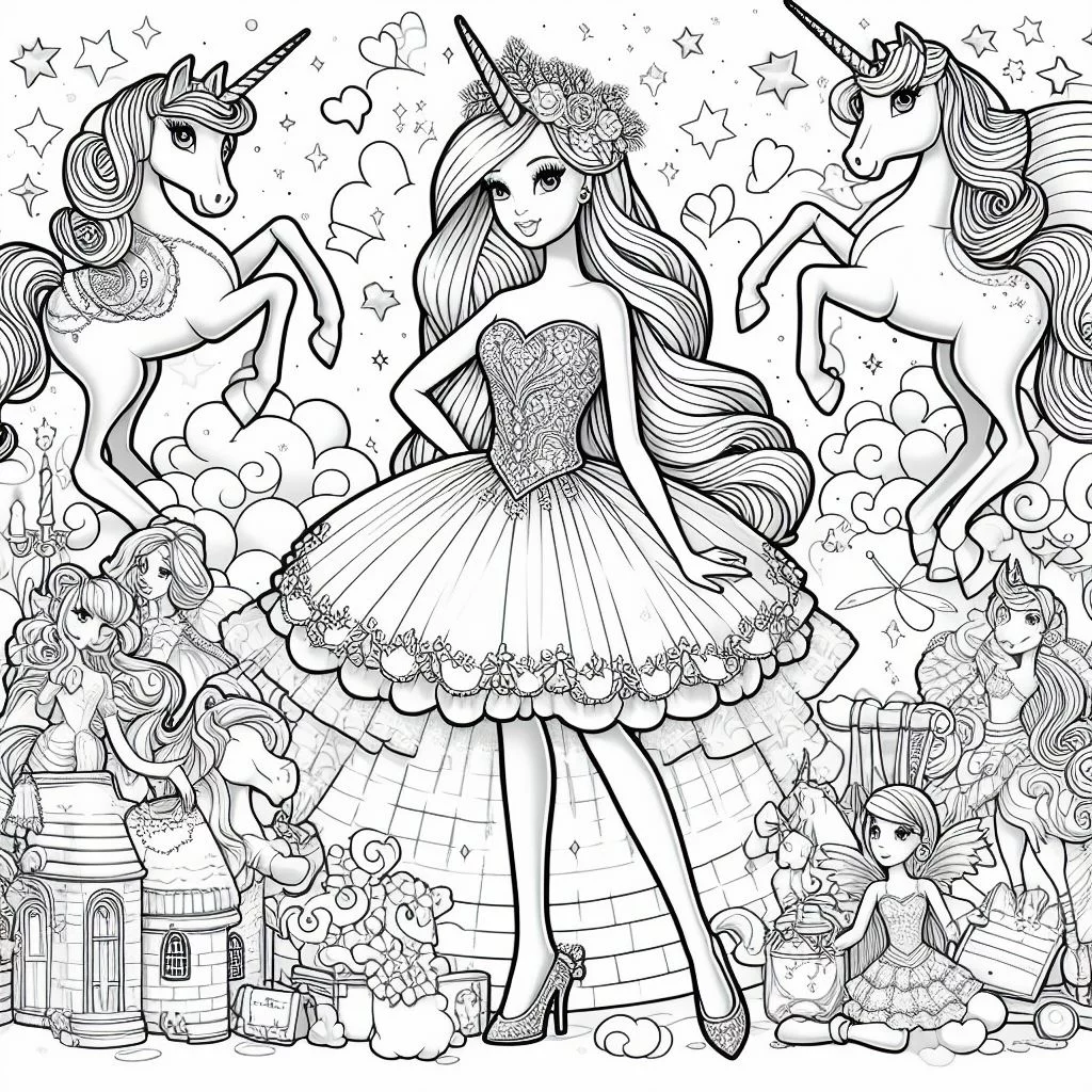 Dibujos de Barbie con su Unicornio para colorear