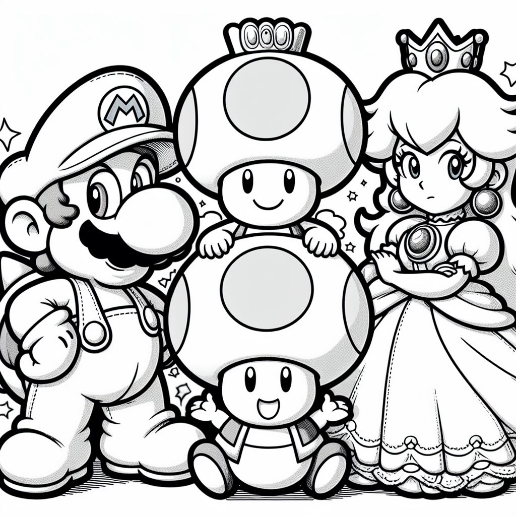 Dibujo de Mario Bros, Toad y la princesa Peach para colorear
