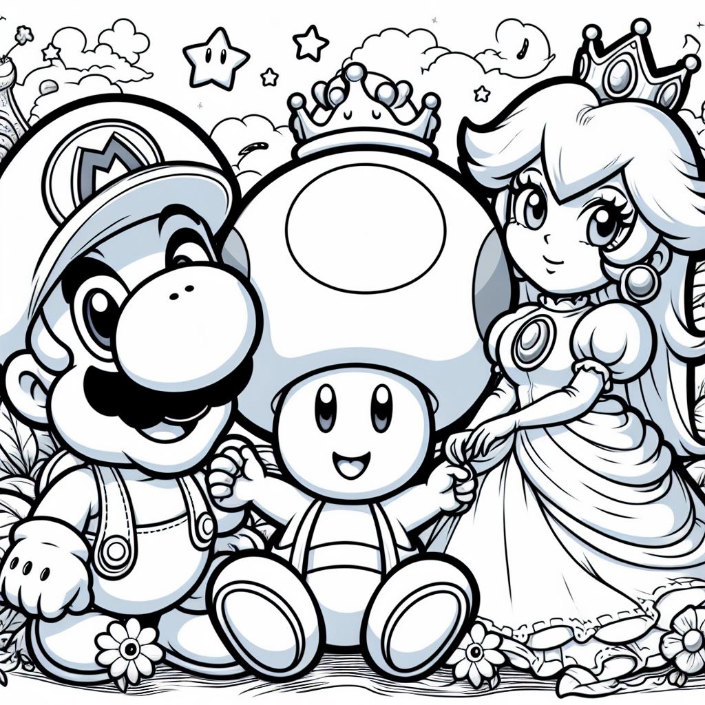 Dibujo de Mario Bros, Toad y la princesa Peach para colorear