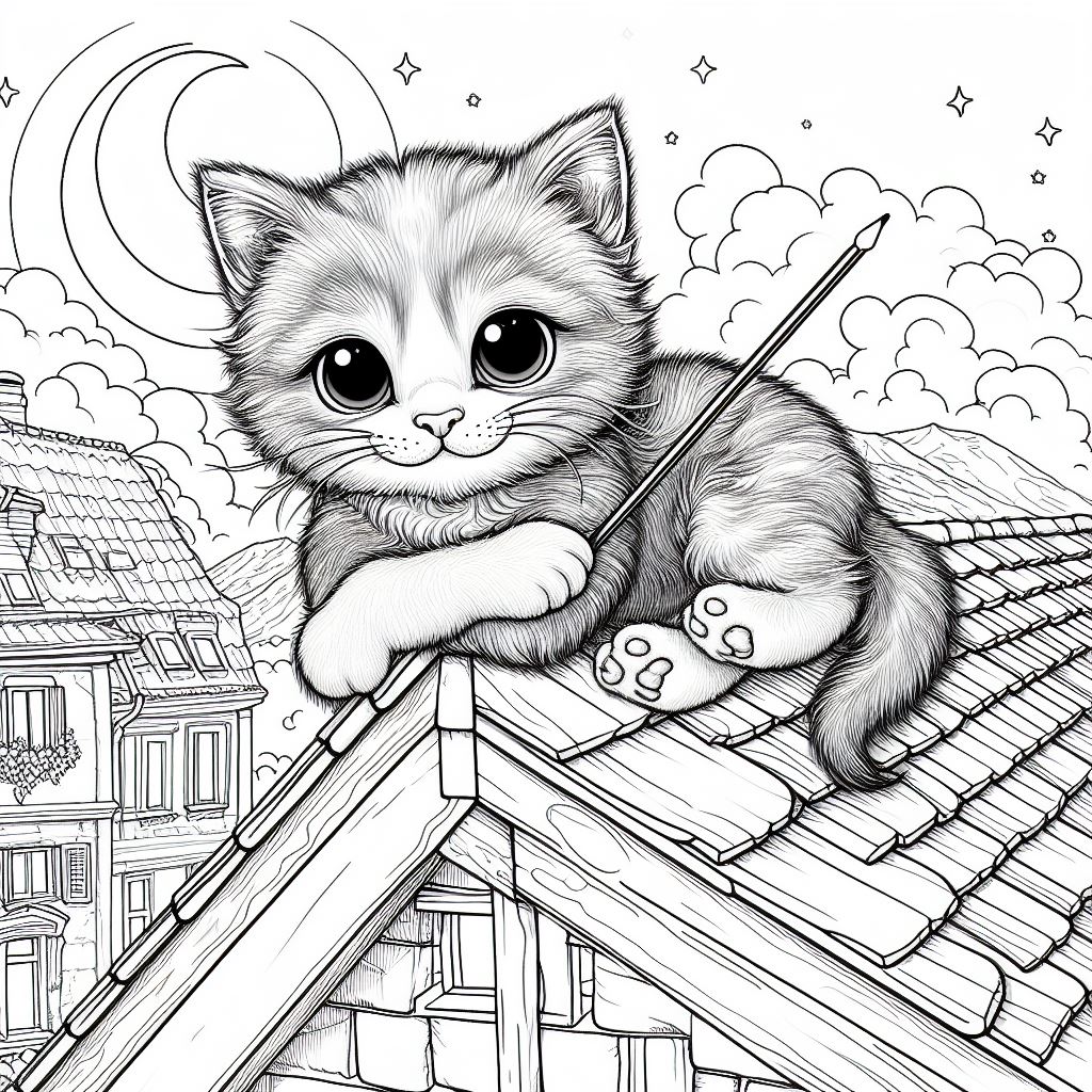 dibujo de gatito encima de tejado para colorear
