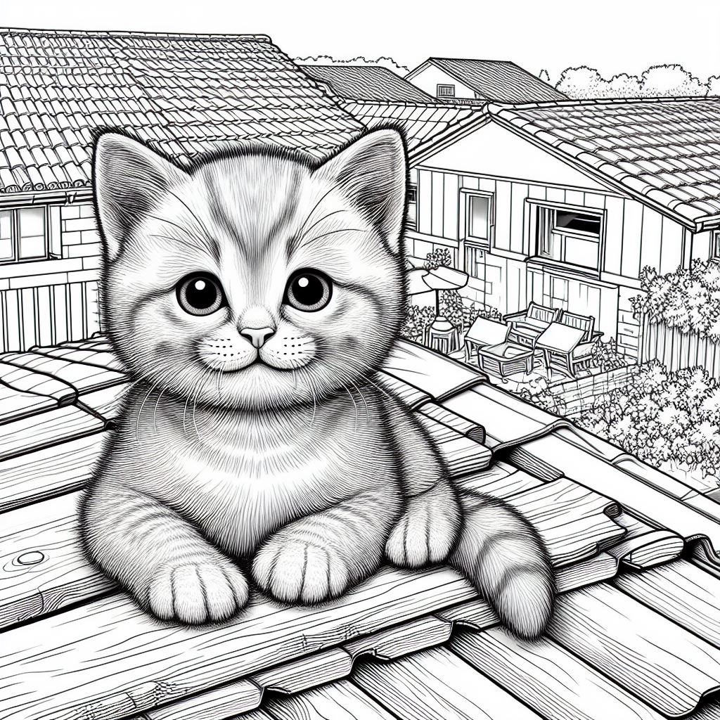 dibujo de gato encima de tejado para imprimir y colorear
