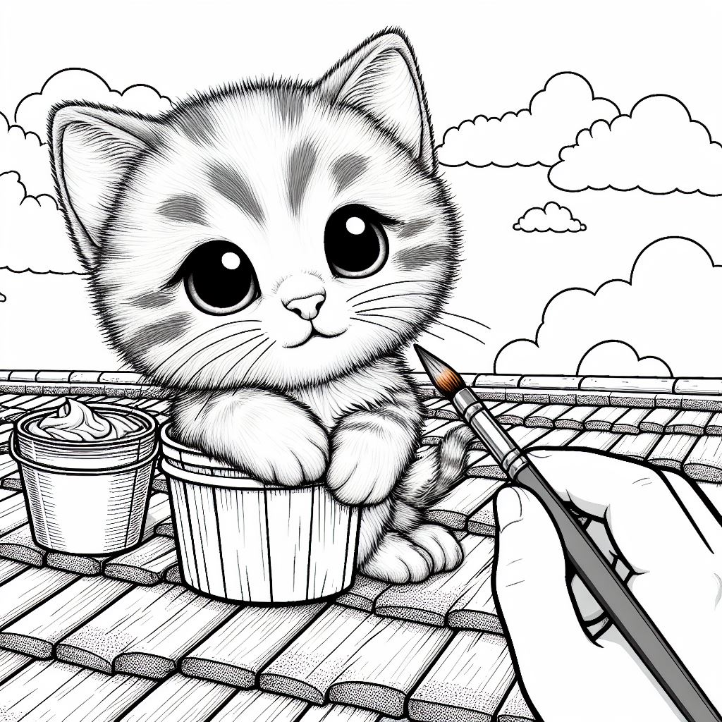 dibujo de gatito encima de tejado para pintar
