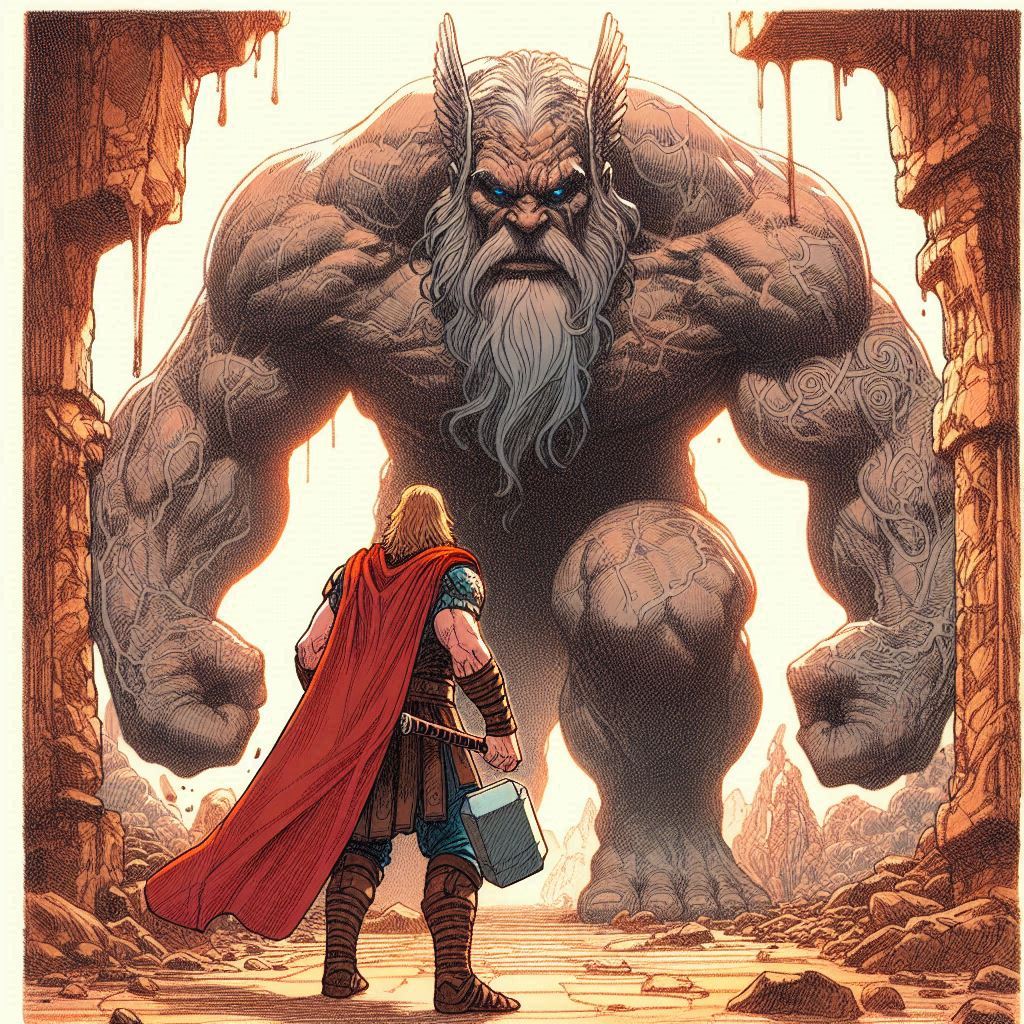 Mito Nórdico El Viaje de Thor a Jotunheim. Thor se encontró con el primer desafío: un gigante colosal bloqueando su camino. 