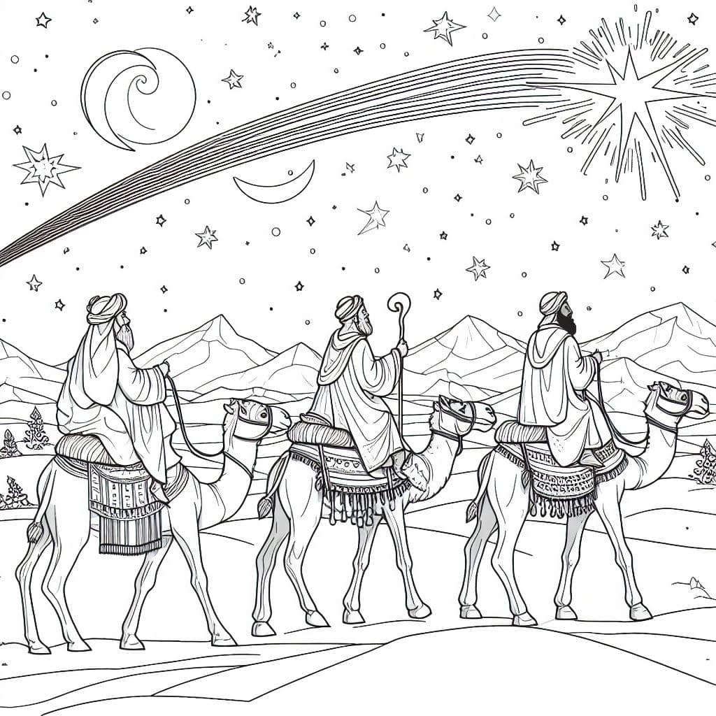 Dibujo de los tres reyes manos siguiendo la estrella polar para colorear