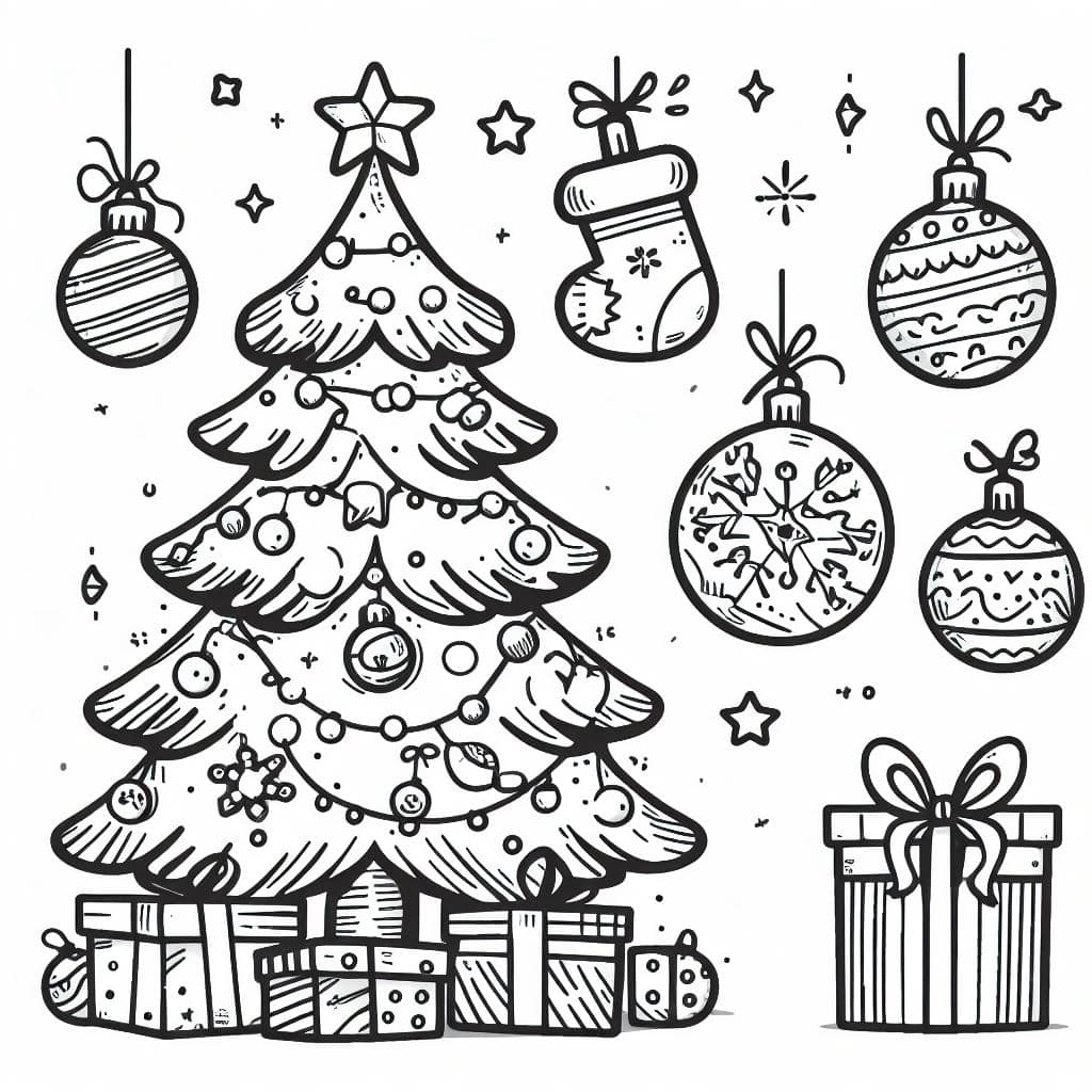 Dibujos de navidad para colorear; árbol con adornos para pintar