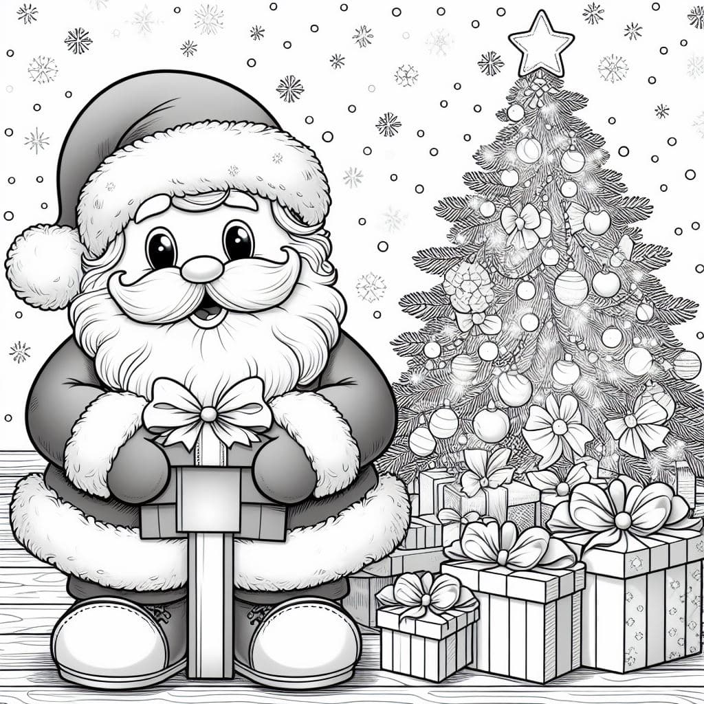 dibujos de navidad para colorear: papá noel poniendo los regalos en el árbol