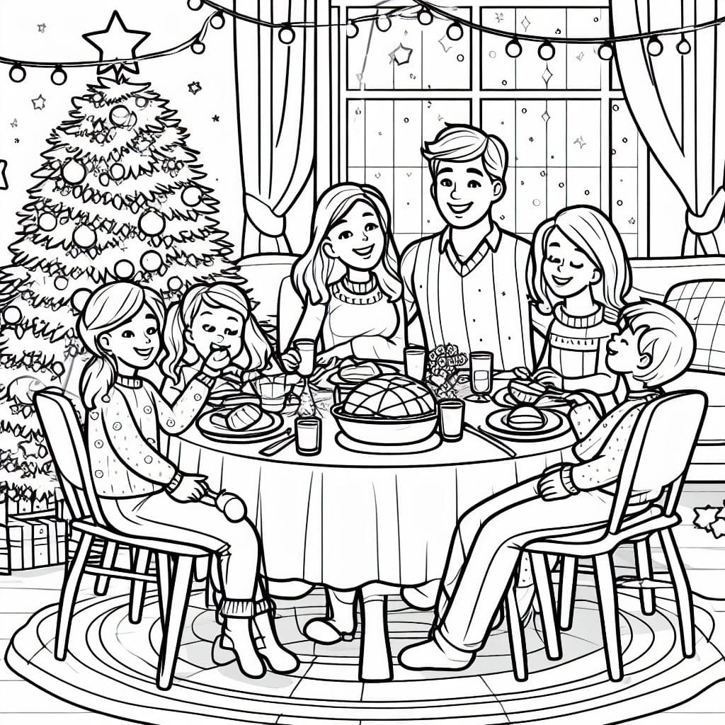 Dibujo de familia cenando en navidad para colorear