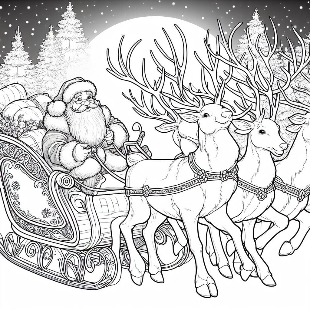 Dibujos de Navidad para Colorear; Papá Noel con trineo para colorear