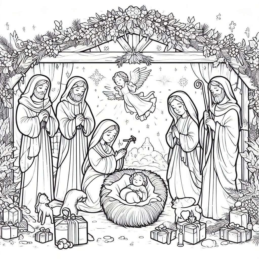 Dibujo de belén navideño para colorear