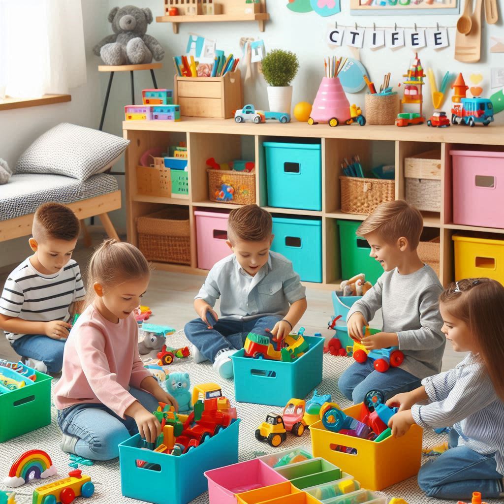 Beneficios de enseñar a los niños a recoger sus juguetes - niños recogiendo sus juguetes en cestos y estanterías
