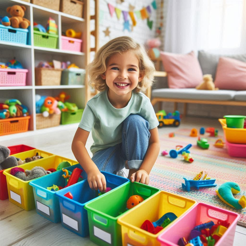 Juegos para motivar a los niños a recoger sus cosas - niña recogiendo sus juguetes de forma ordenada