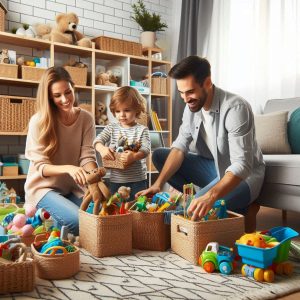 Beneficios de enseñar a los niños a recoger sus juguetes - Una familia feliz en una acogedora sala de estar, trabajando juntos para organizar una pila de juguetes en un sistema de almacenamiento con cestas y estantes.