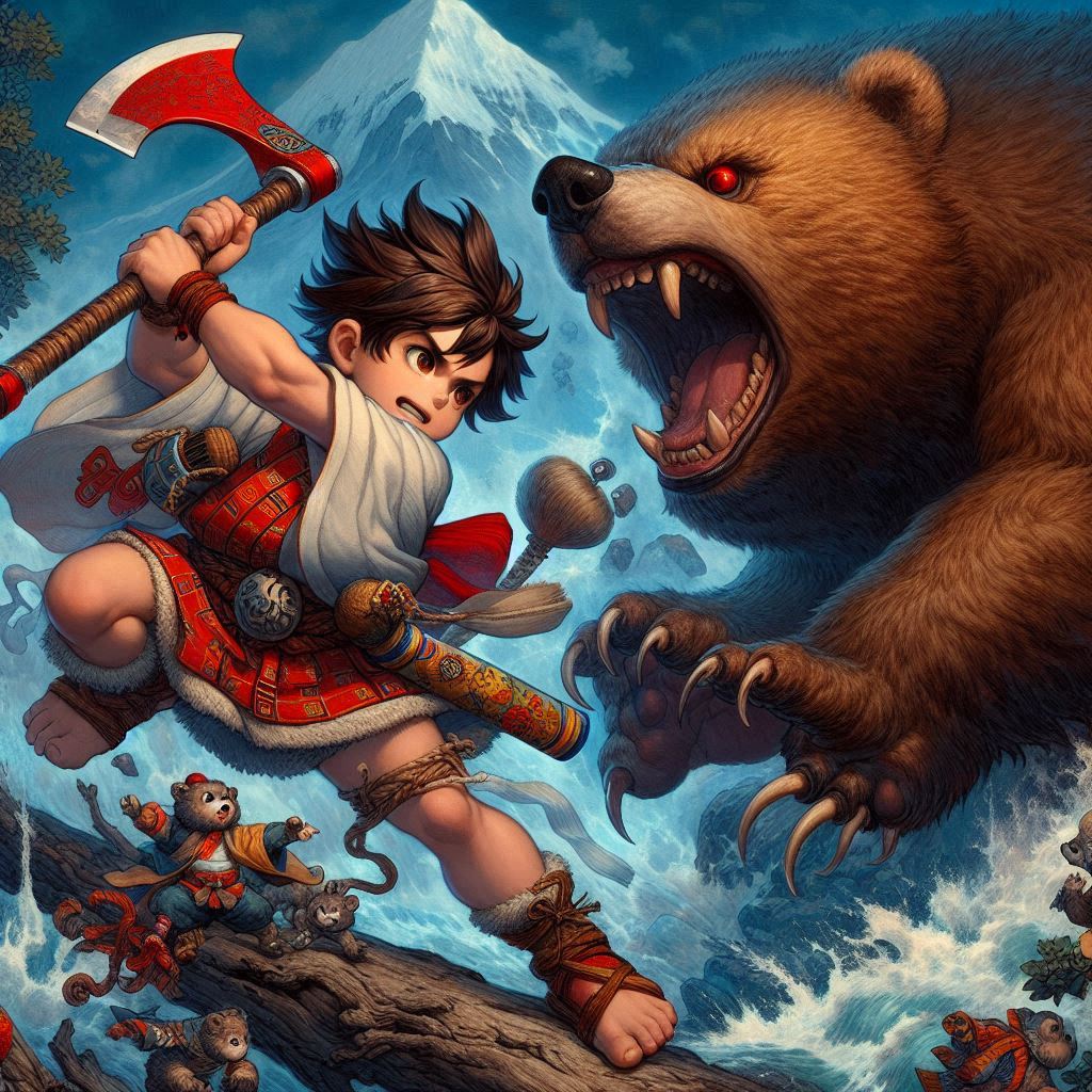 Cuento La Leyenda De Kintaro; Bajo el nuevo nombre de Sakata no Kintoki, el Niño Dorado se convirtió en un guerrero legendario